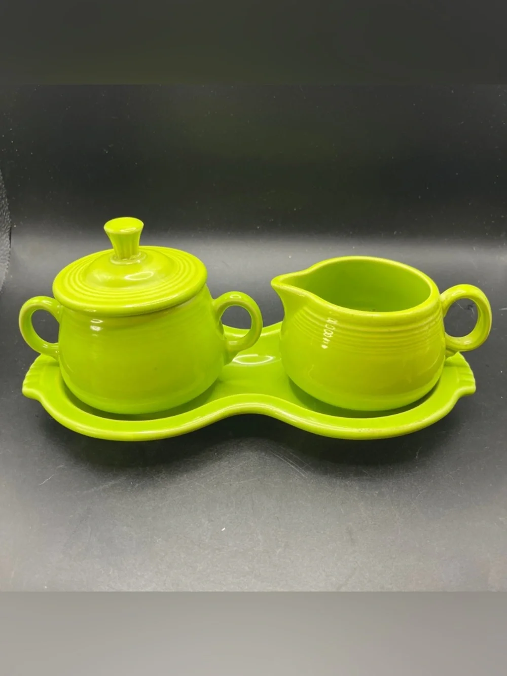 Retired Chartreuse Post 86 HLC Fiesta Creamer, Sugar with Lid and Figure 8 Tray